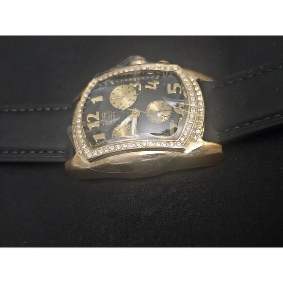 45.9mm bubble face Analog Watch gold tone bezel with Black genuine Leather band